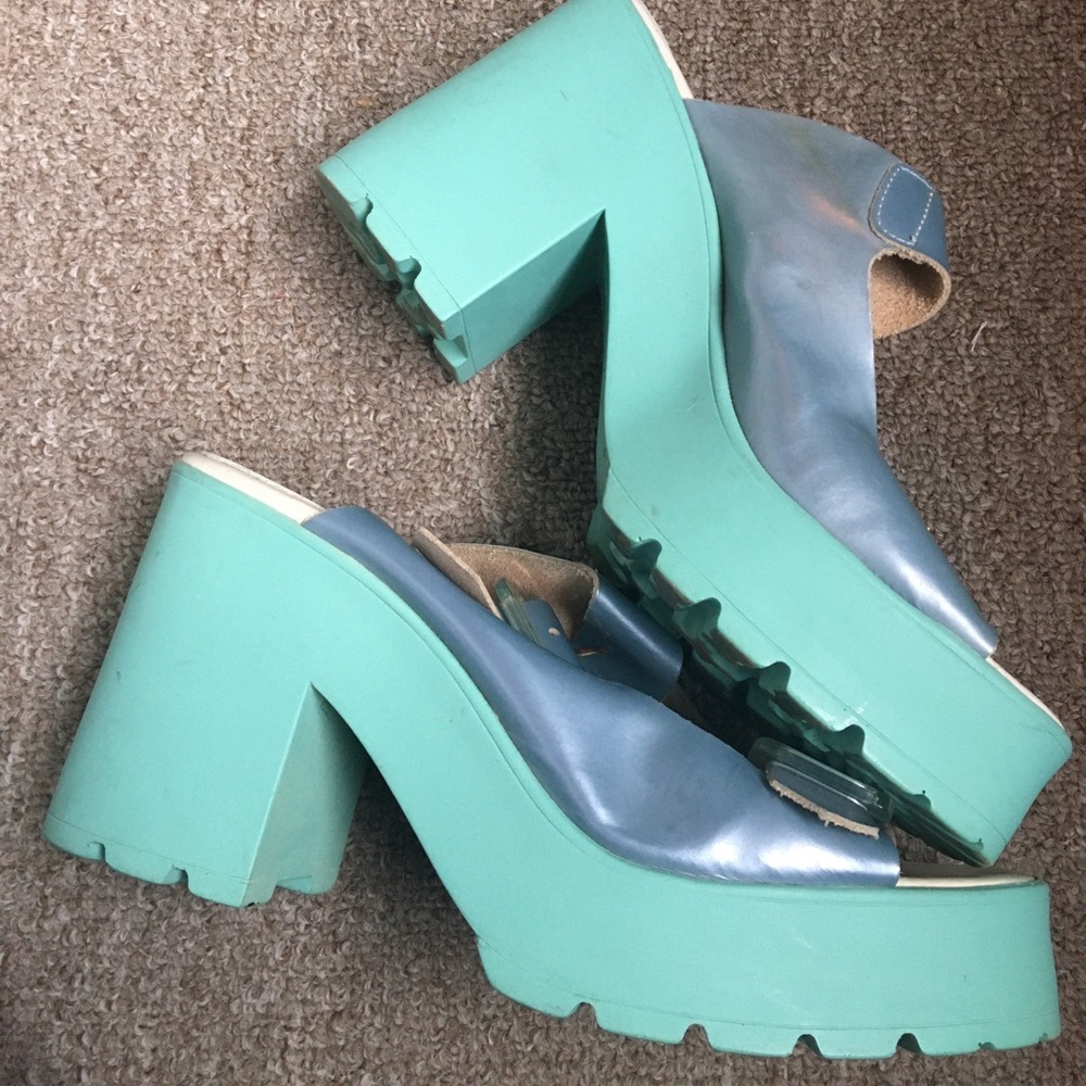 Miista Metallic blue and turquoise Y2K platform heels sandals sz 38